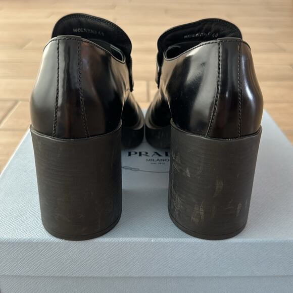 Prada Chocolate Brushed Black Leather Heeled Loafers Size: 40 - Picture 9 of 14